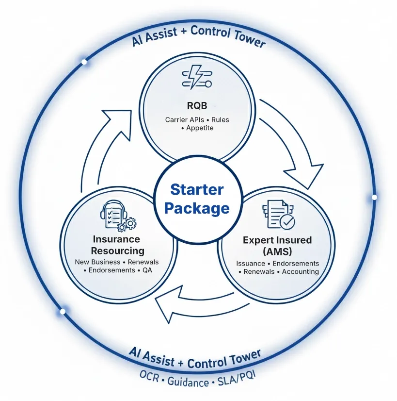 Selectsys Starter flywheel connecting RQB, Expert Insured (AMS), and Insurance Resourcing, surrounded by AI Assist + Control Tower.